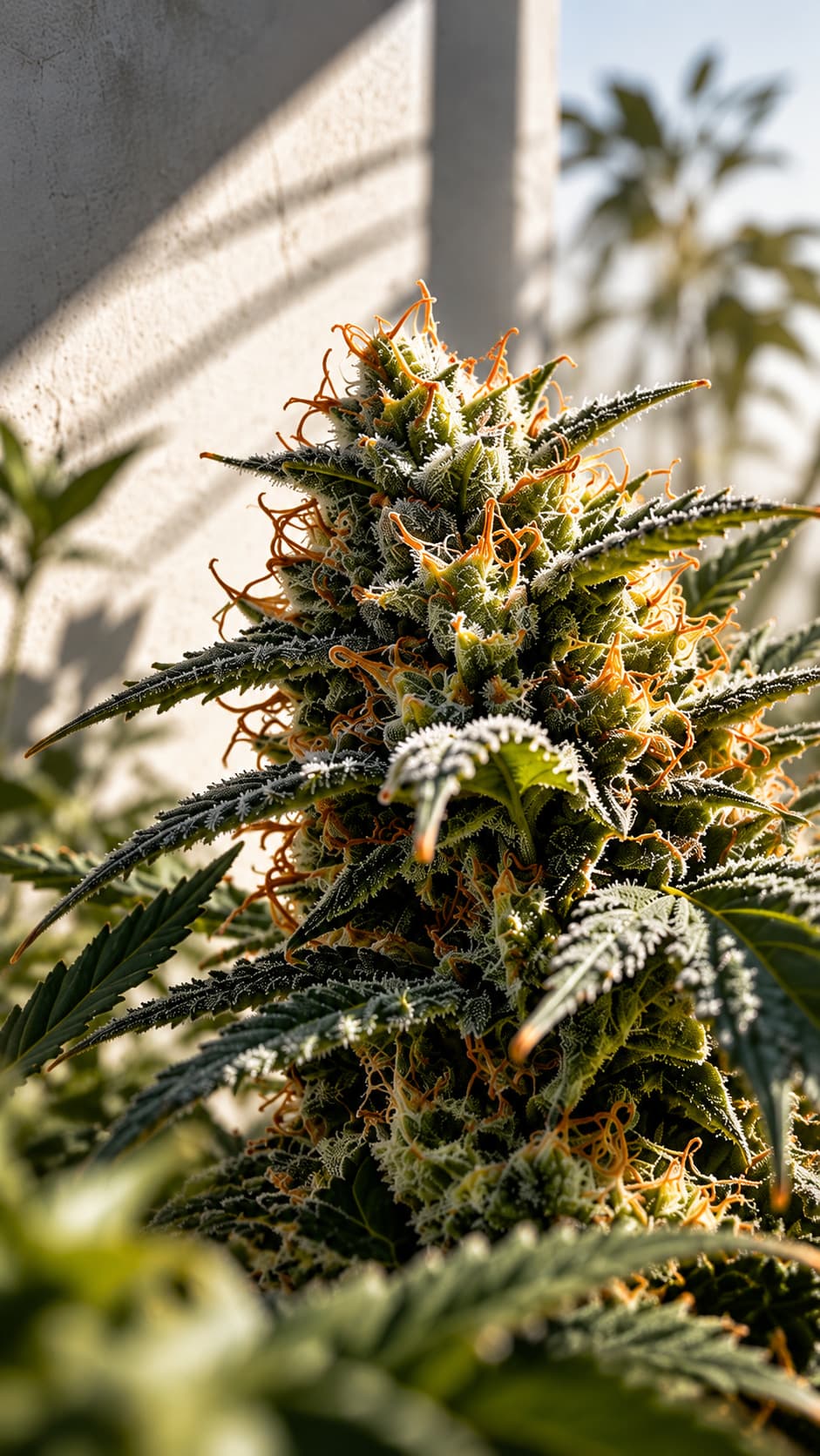 A frosted cannabis bud in daylight against a white wall and palm fronds