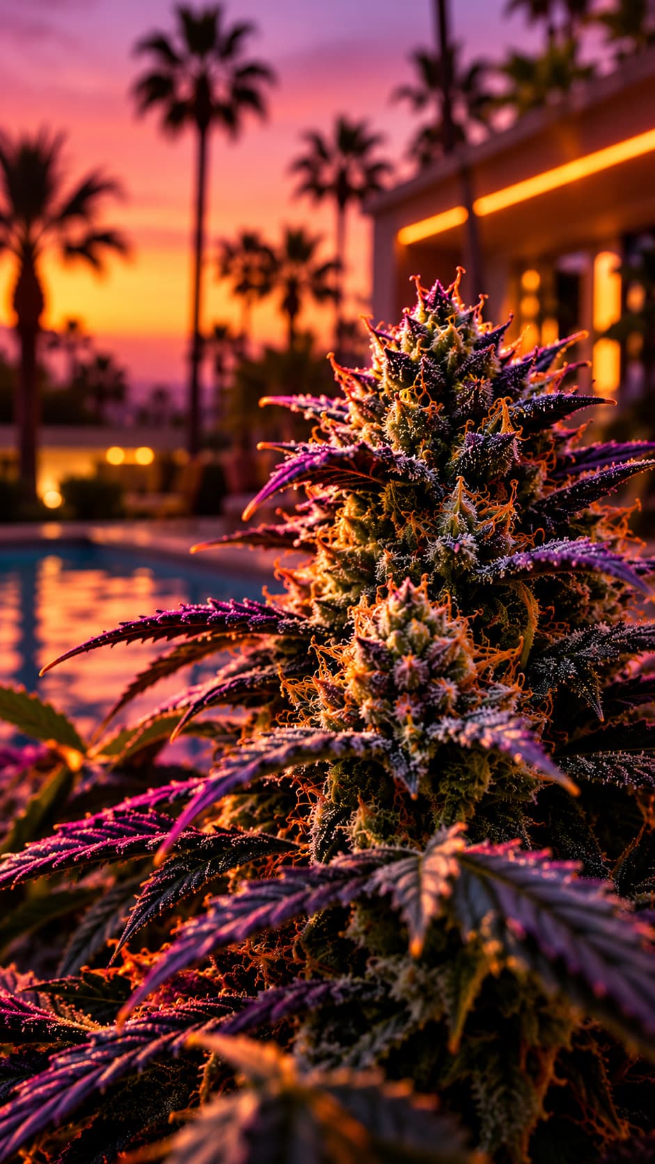 A purple-tinged cannabis bud at sunset beside a palm-lined pool