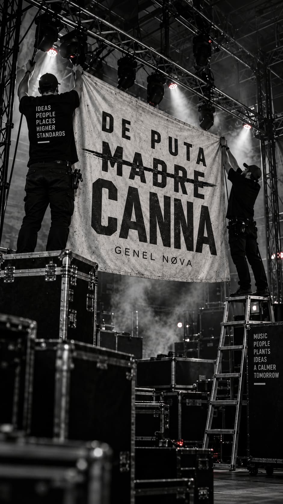 Two crew members on flight cases hanging a De Puta Madre Canna banner under red stage lights