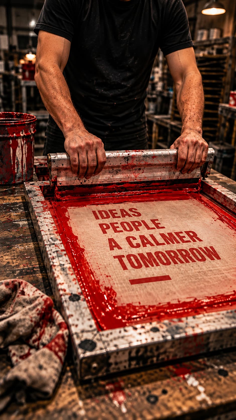 Hands pulling red ink across a screen printed with “Ideas, people, a calmer tomorrow”