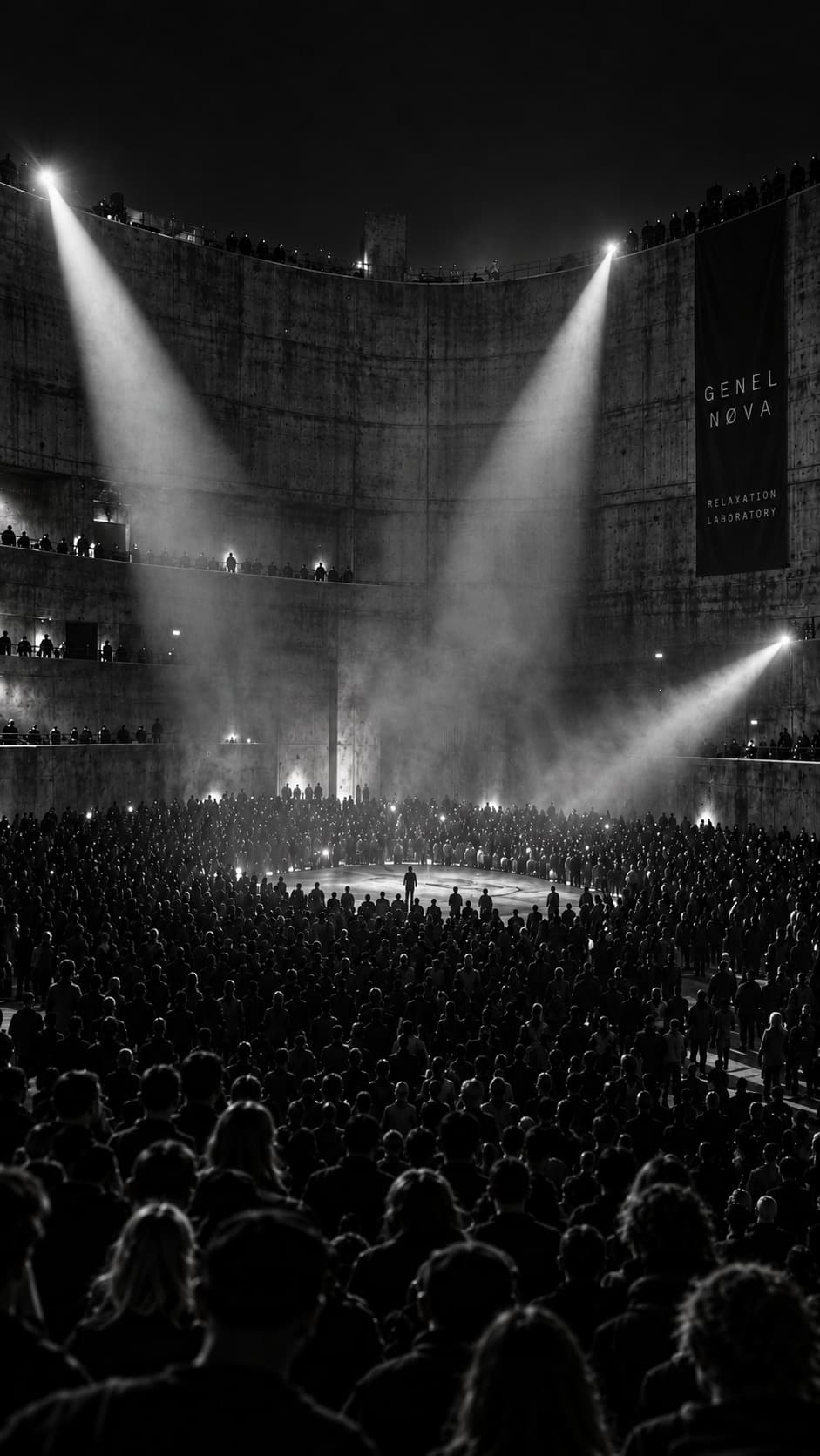 A packed crowd in a vast concrete bowl, searchlights cutting through haze onto a lit circle, a Genel Nøva banner on the wall