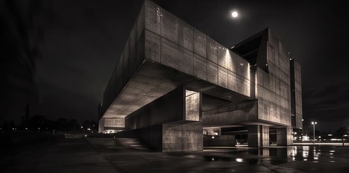 Un edificio brutalista de hormigón bajo la luna llena