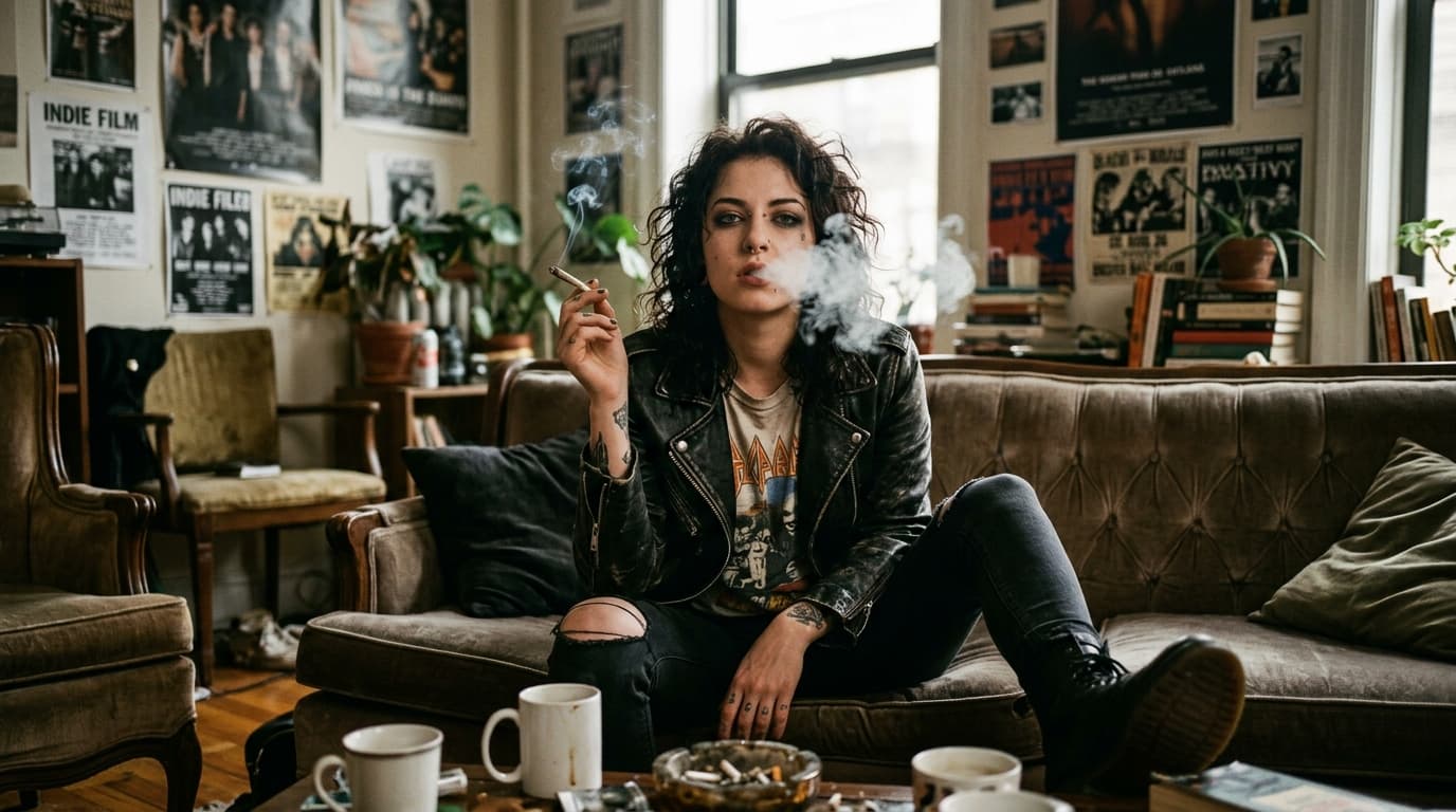 Una mujer fumando en un café junto a la ventana