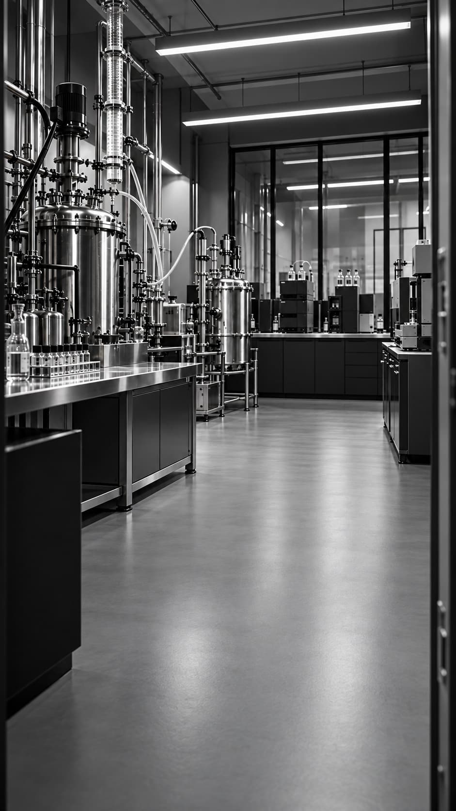 A steel extraction room seen through a padlocked door: reactors, glassware and drums on a wet concrete floor