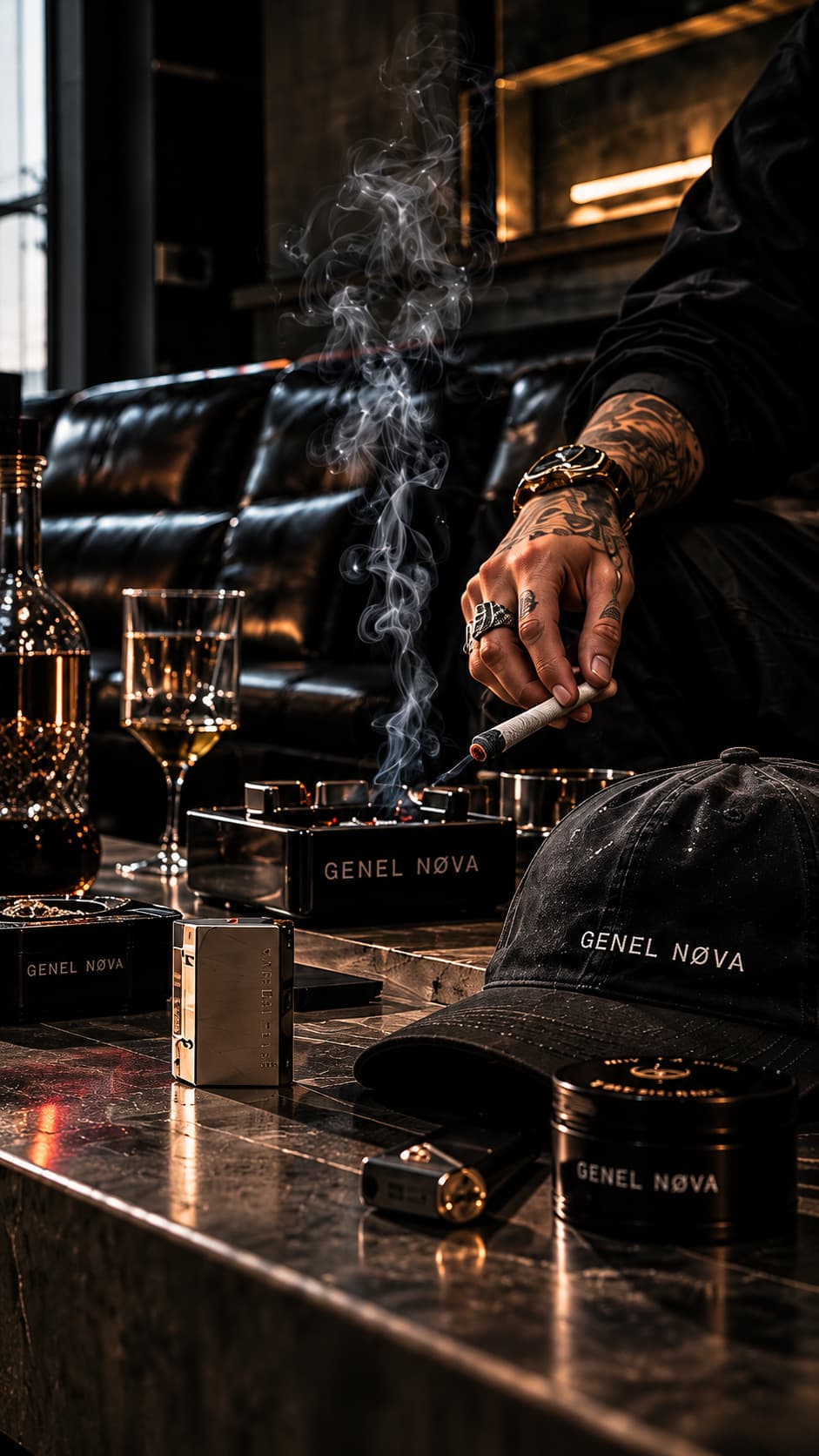 A hand with a cigarette over a marble table set with a Genel Nova cap, grinder and lighter