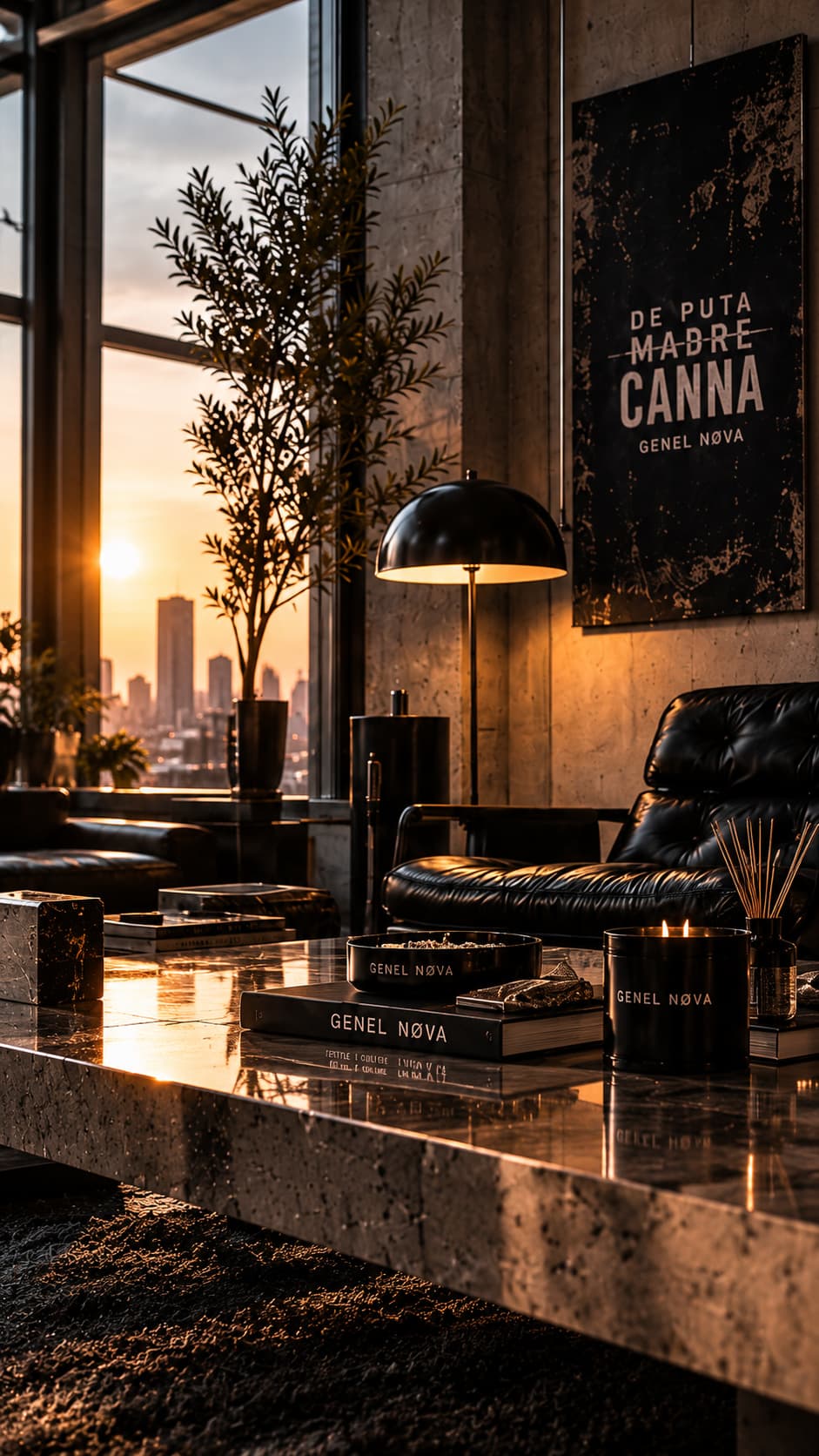A lounge with a leather chair, lamp and a De Puta Madre Canna print, city at sunset beyond the window