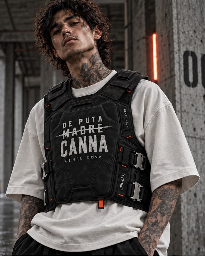 A tattooed model in a black carrier vest printed DE PUTA MADRE CANNA over a white tee, in a concrete colonnade