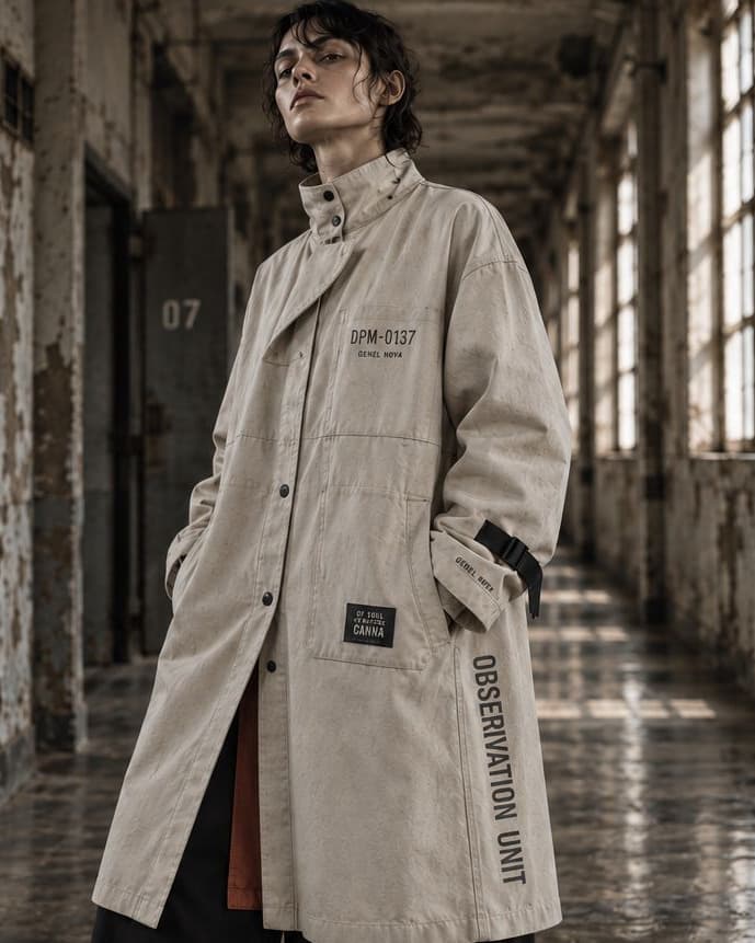 A model in a long stone-coloured coat, hands in pockets, in a derelict corridor lit through tall windows