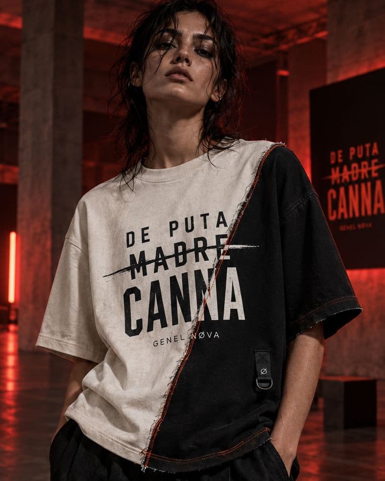 A model in a half bone, half black tee in a dark room lit red, a DE PUTA MADRE CANNA banner behind