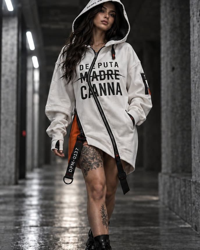 A model walking down a wet concrete colonnade in a long white hooded dress with a diagonal zip
