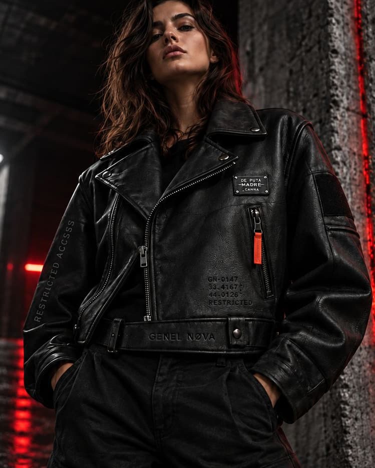 A model in a cropped black leather biker jacket against concrete lit by a red strip light
