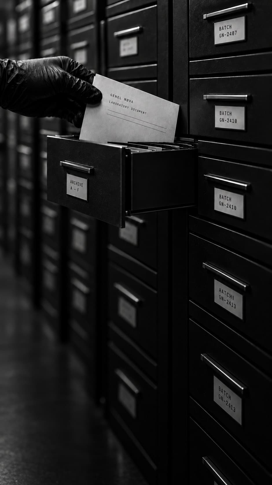 A gloved hand filing a laboratory document into an open archive drawer, in a wall of drawers labelled by batch