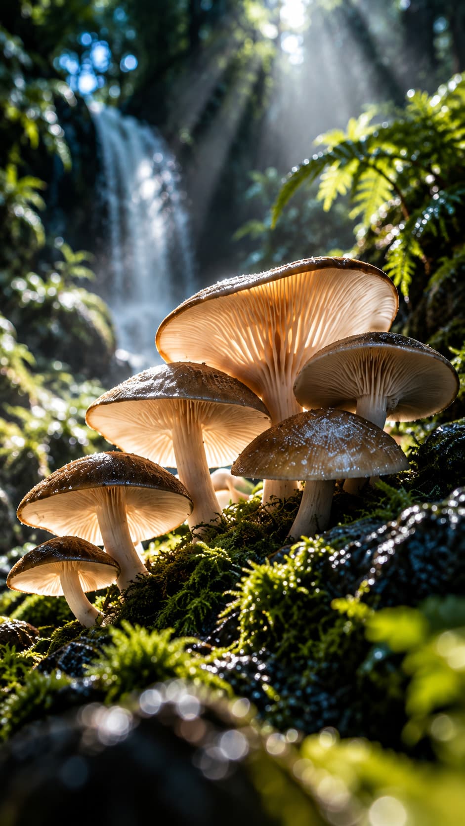 A cluster of pale mushrooms on moss under a waterfall in shafts of light