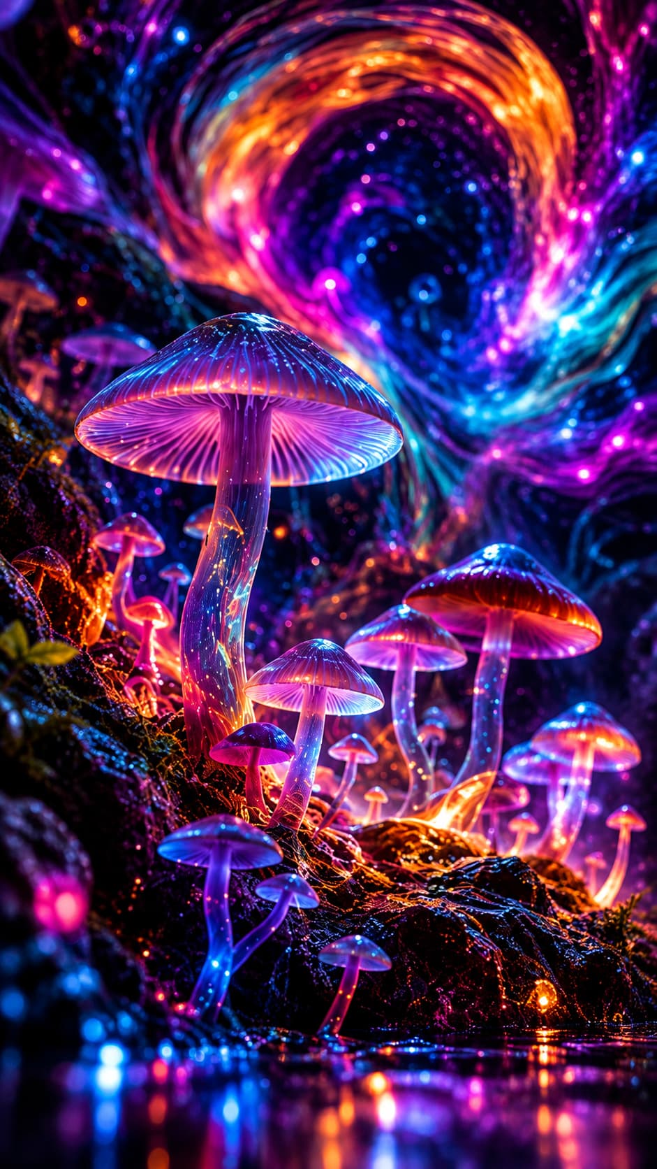Glowing mushrooms under a swirling neon nebula