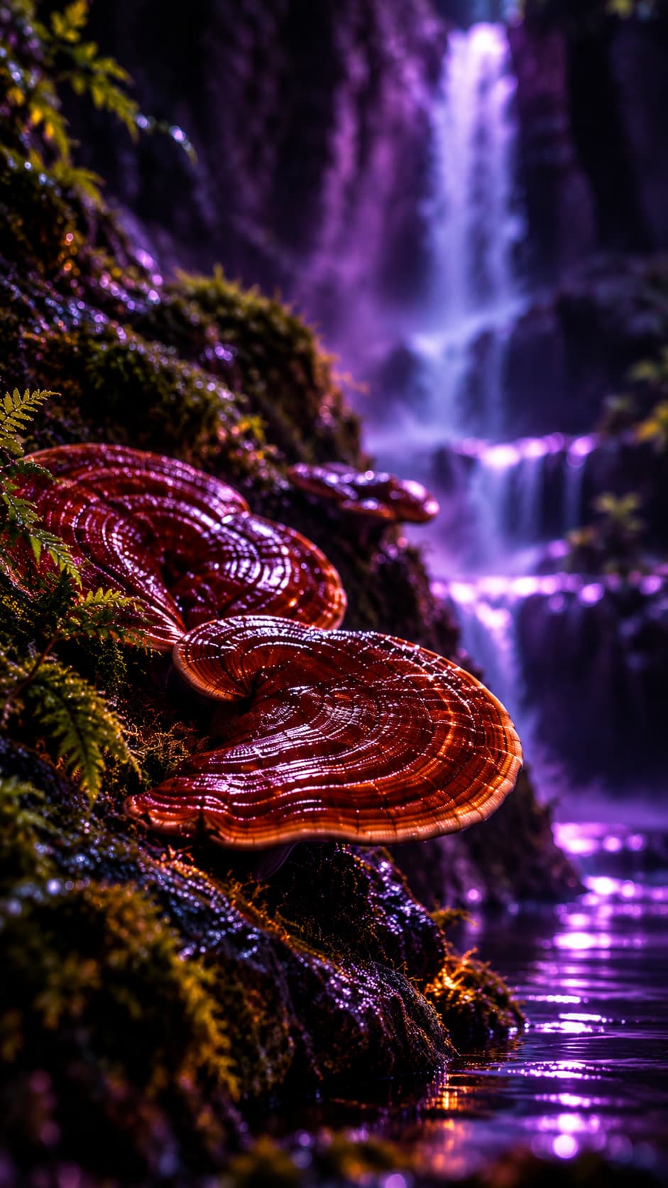 Red reishi conks on wet rock beside a waterfall in violet light