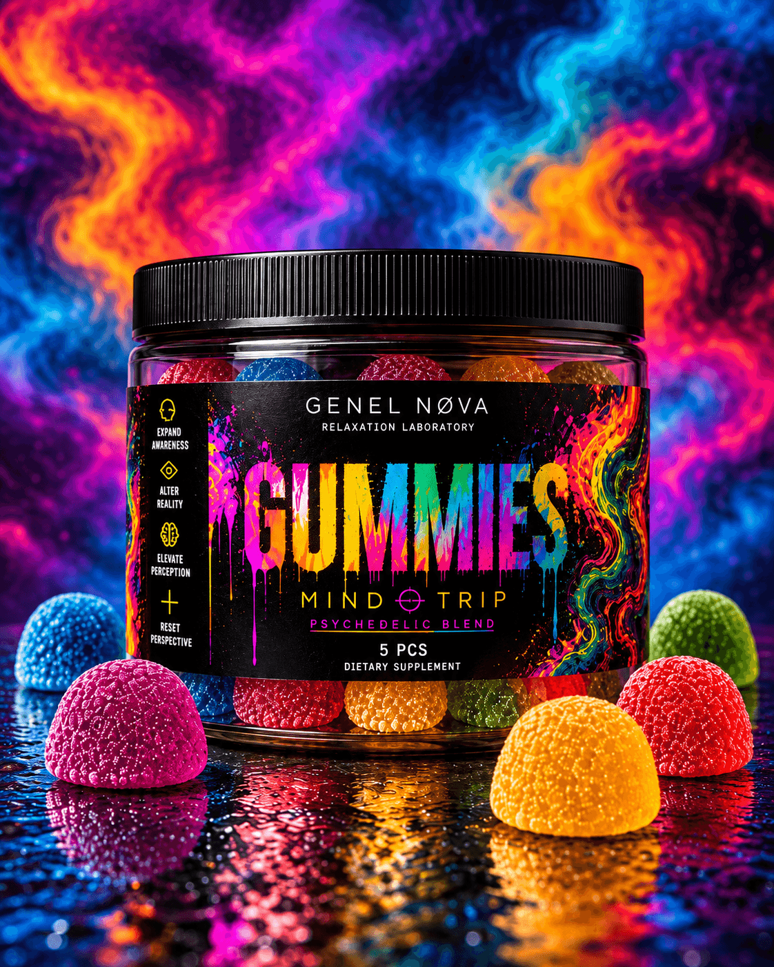 A jar of Mind Trip gummies among sugared gummies against swirling neon colour
