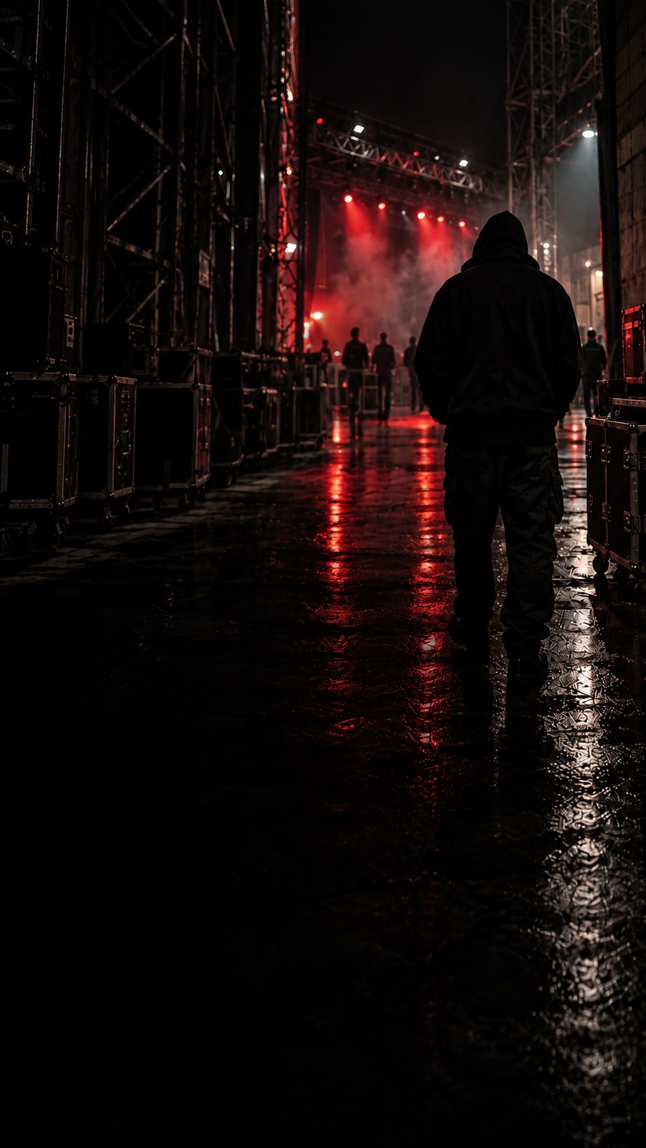 A hooded figure walking down a wet backstage corridor toward the stage lights