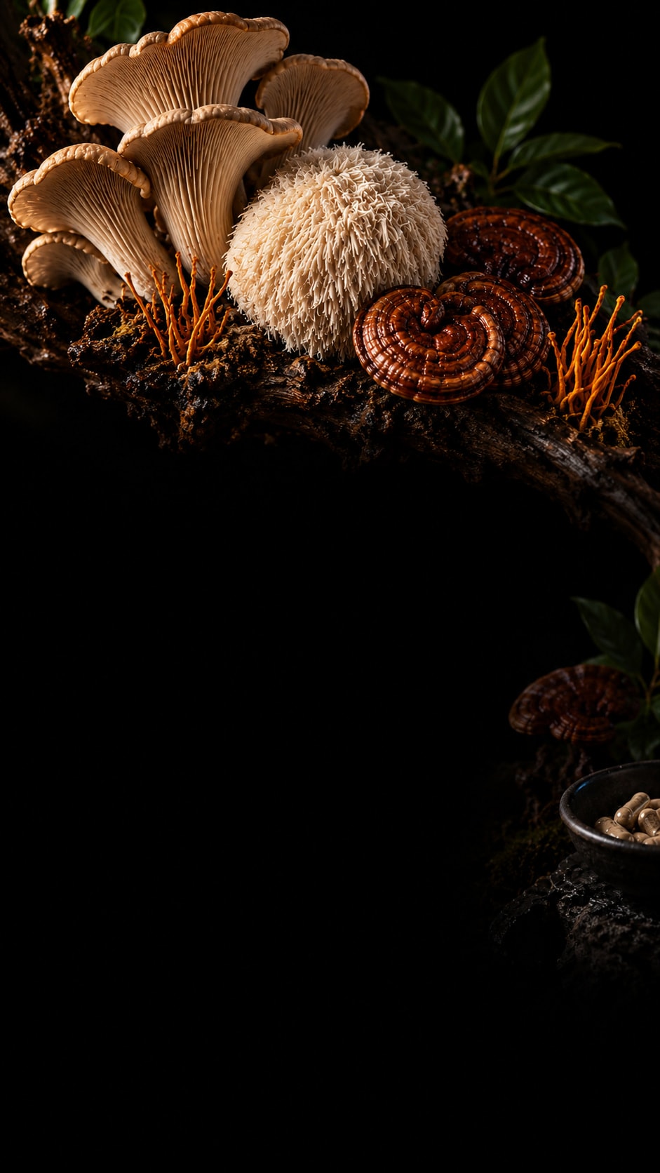 Oyster caps, a lion's mane and reishi conks stacked on wet bark, with cordyceps, loose capsules and milled powder beside them