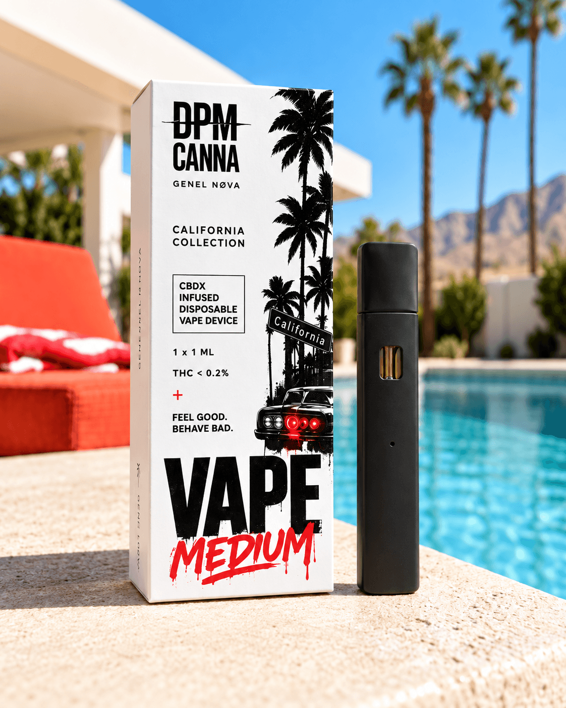 A black disposable vape standing beside its white palm-print box at a pool's edge