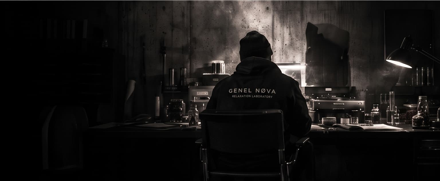 Una figura con una chaqueta Genel Nøva trabajando en la mesa del laboratorio