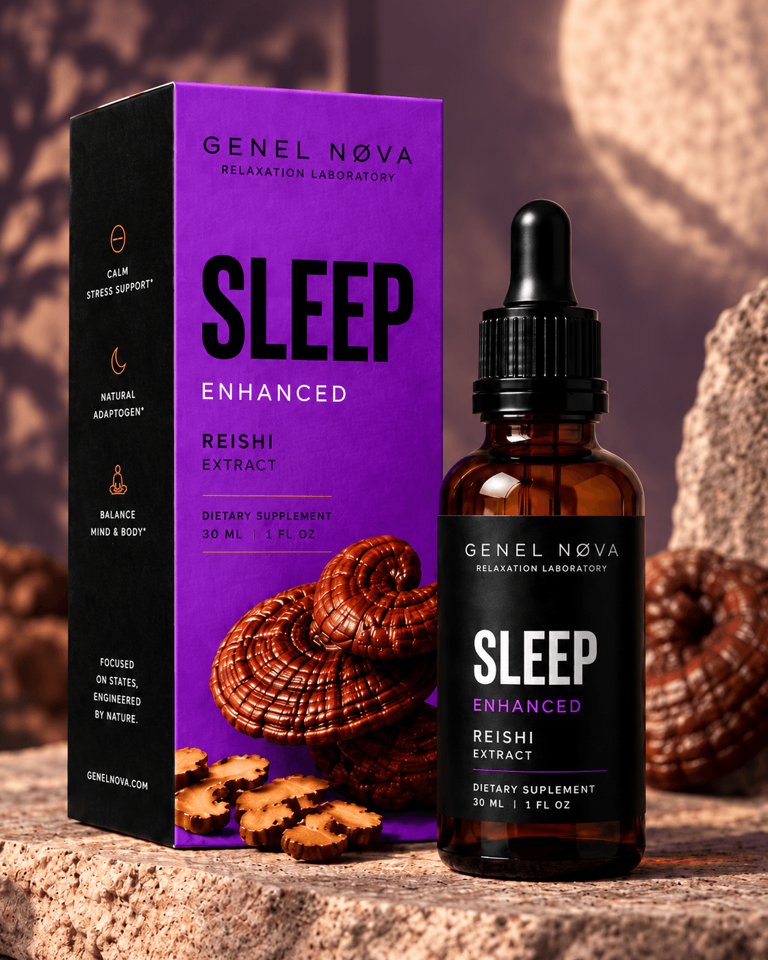 A violet Sleep box and amber dropper bottle with reishi under a low moon